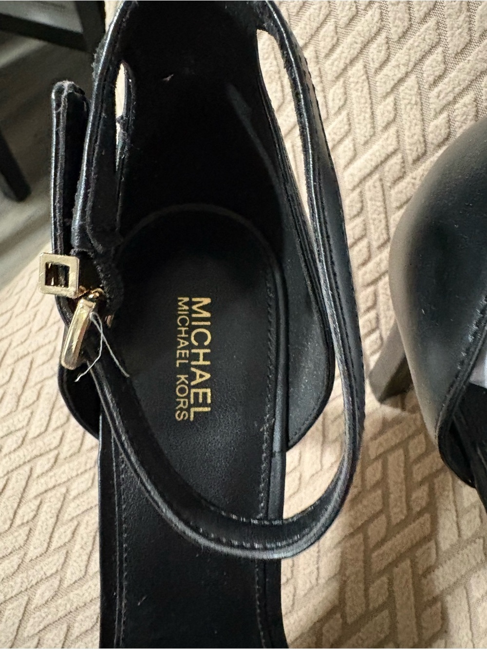 Michael Kors Black Leather Ankle-Strap Sandals with Gold Buckle